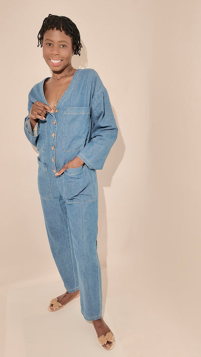100% Cotton Denim Jumpsuit with Front Pockets - Relaxed Fit