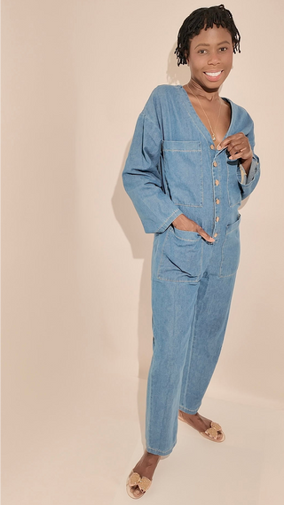 100% Cotton Denim Jumpsuit with Front Pockets - Relaxed Fit