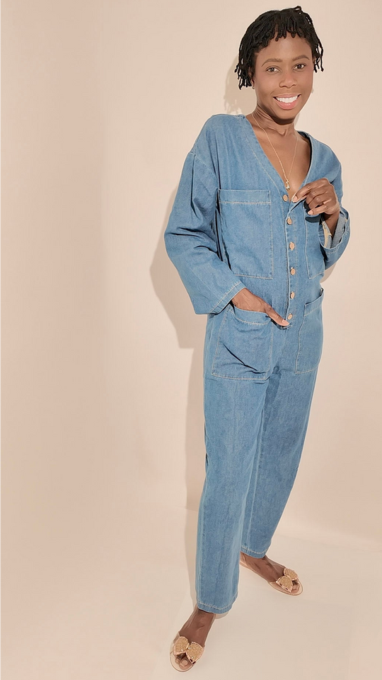 100% Cotton Denim Jumpsuit with Front Pockets - Relaxed Fit