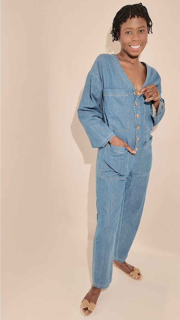 100% Cotton Denim Jumpsuit with Front Pockets - Relaxed Fit
