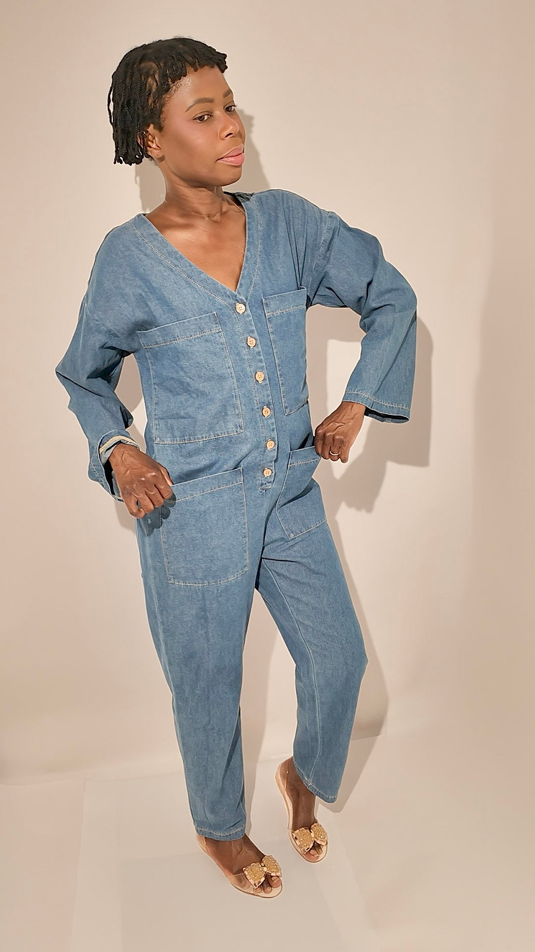 100% Cotton Denim Jumpsuit with Front Pockets - Relaxed Fit