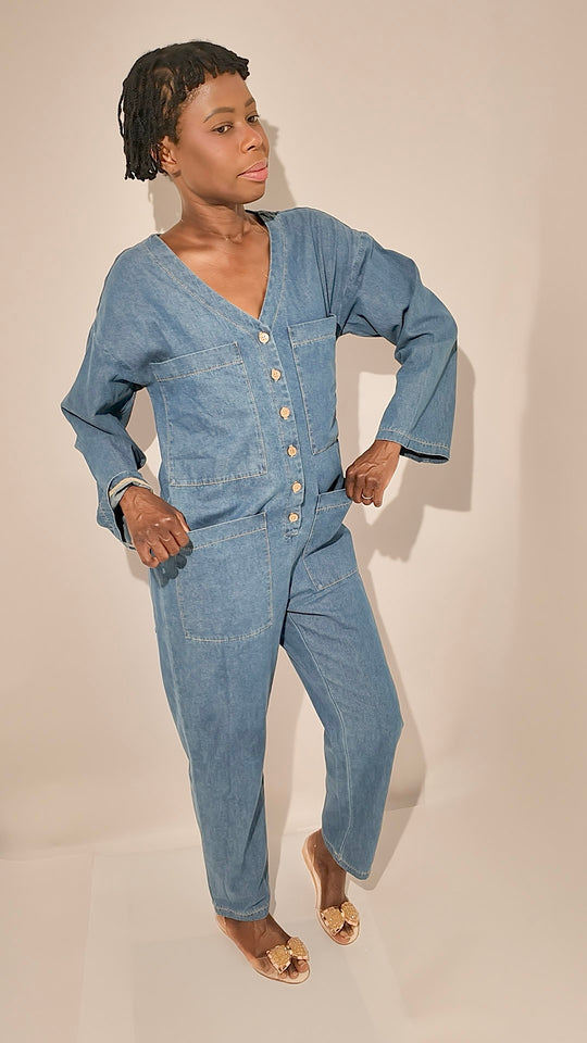 100% Cotton Denim Jumpsuit with Front Pockets - Relaxed Fit