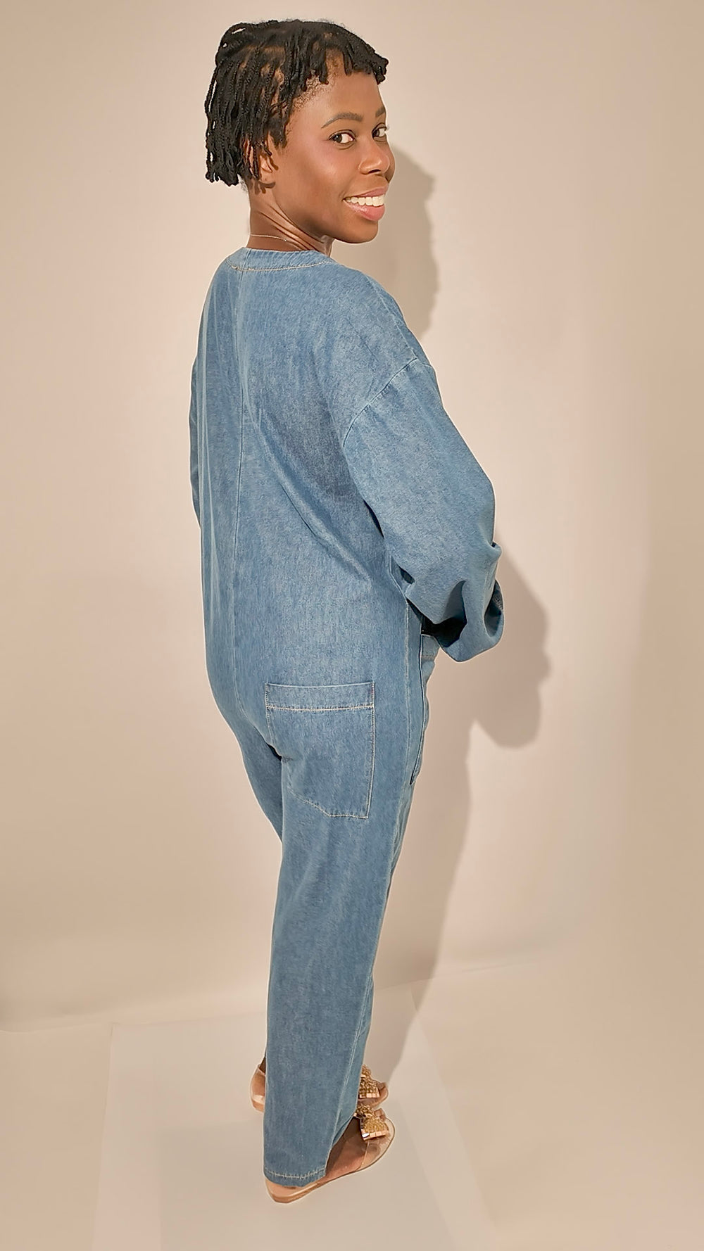 100% Cotton Denim Jumpsuit with Front Pockets - Relaxed Fit