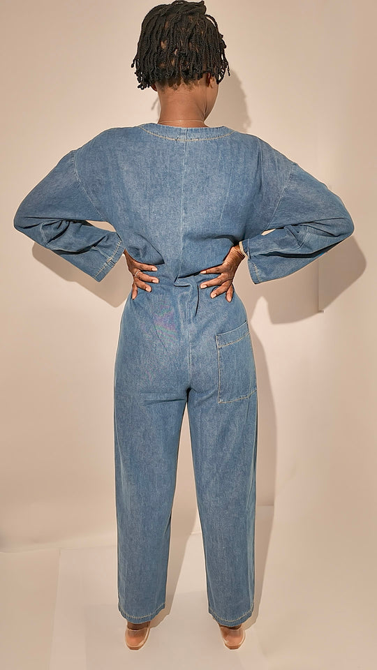 100% Cotton Denim Jumpsuit with Front Pockets - Relaxed Fit