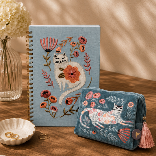Meow and Meadow Embroidered Notebook and Travel Pouch Set