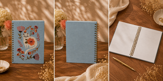Meow and Meadow Embroidered Notebook and Travel Pouch Set