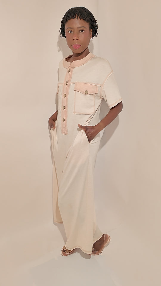 Button-Front Short Sleeve Wide-Leg Jumpsuit with Pockets