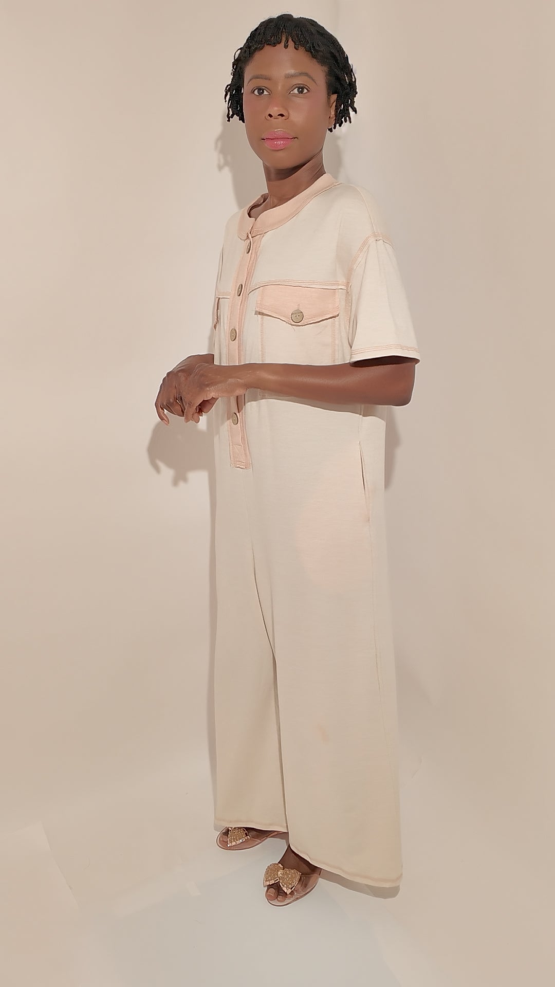Button-Front Short Sleeve Wide-Leg Jumpsuit with Pockets