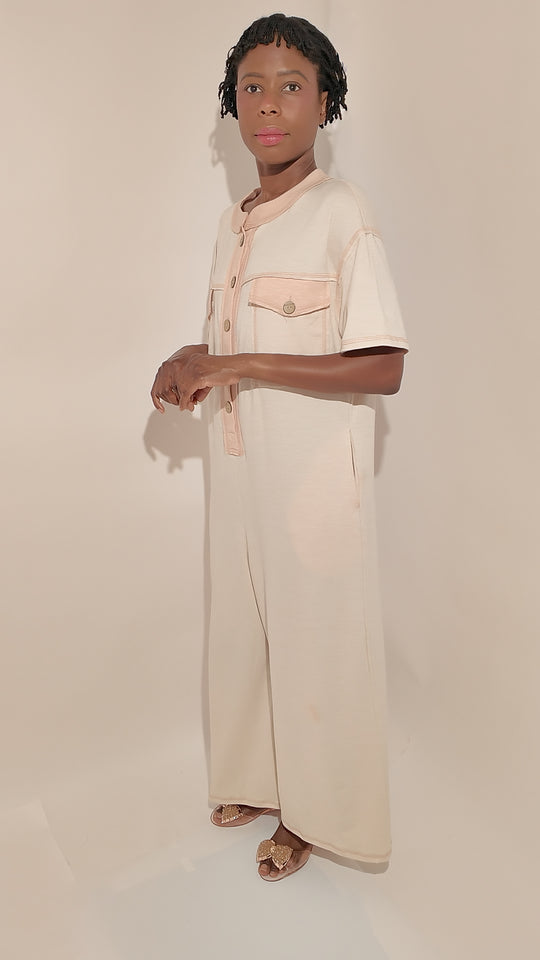 Button-Front Short Sleeve Wide-Leg Jumpsuit with Pockets