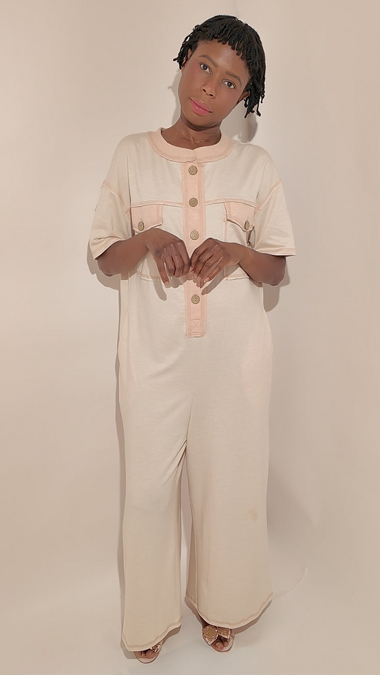 Button-Front Short Sleeve Wide-Leg Jumpsuit with Pockets