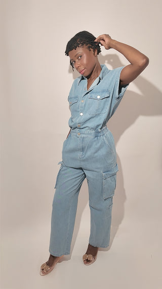 100% Cotton Denim Jumpsuit with Cinched Waist and Pockets