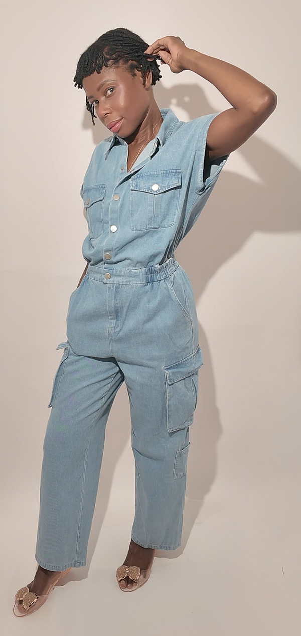 100% Cotton Denim Jumpsuit with Cinched Waist and Pockets
