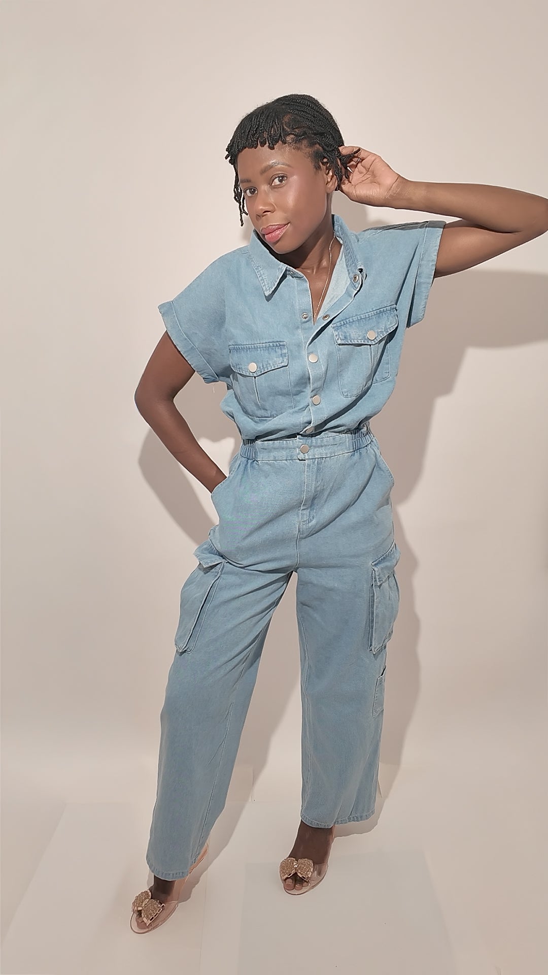 100% Cotton Denim Jumpsuit with Cinched Waist and Pockets