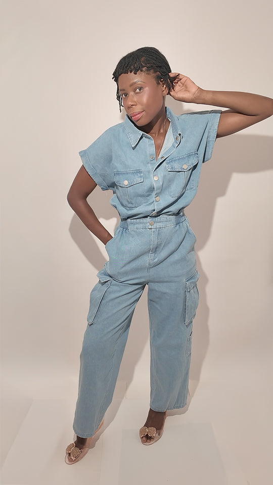 100% Cotton Denim Jumpsuit with Cinched Waist and Pockets