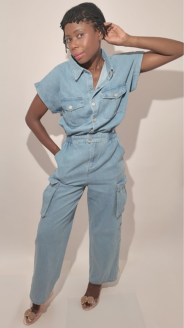 100% Cotton Denim Jumpsuit with Cinched Waist and Pockets