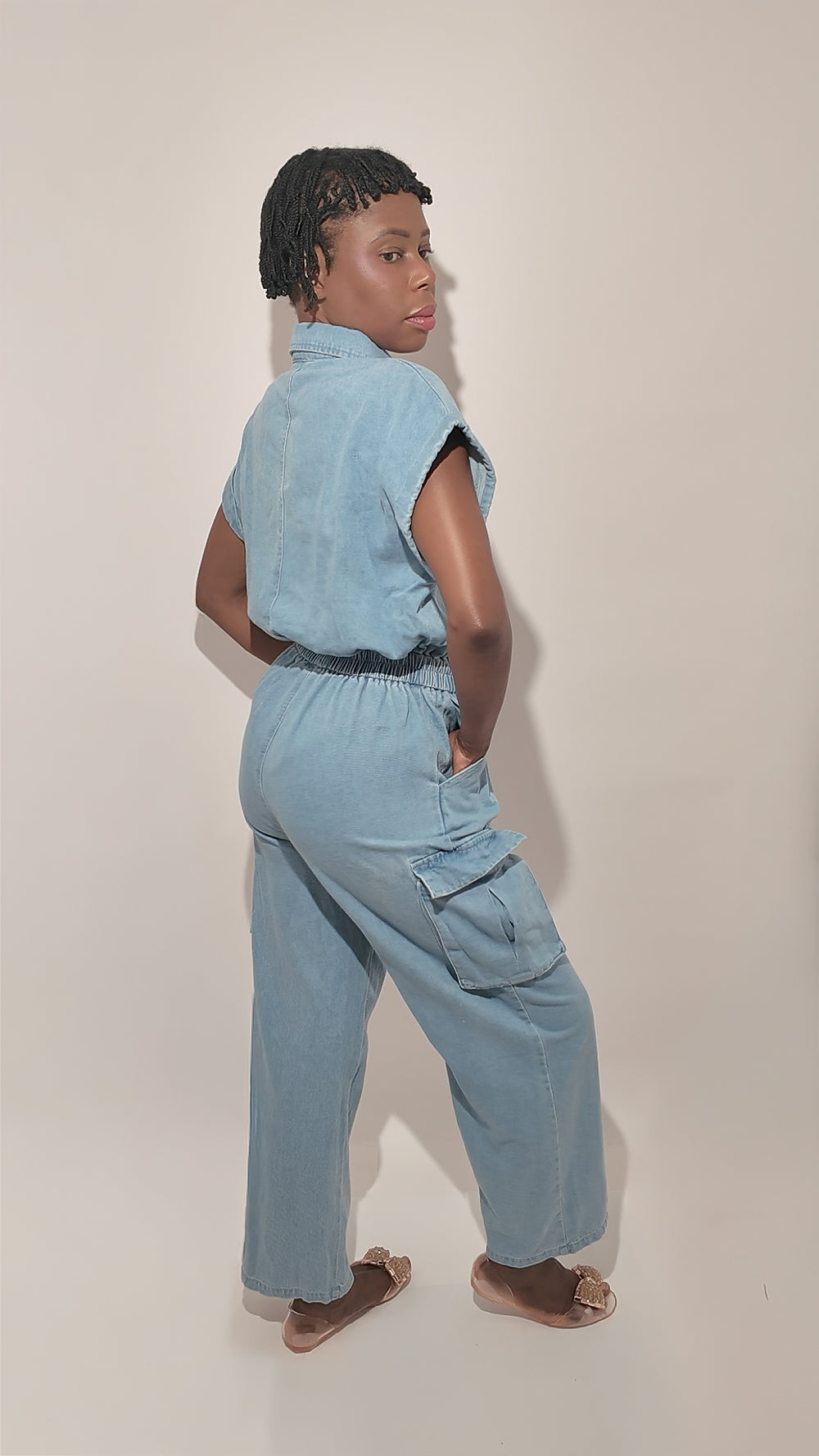 100% Cotton Denim Jumpsuit with Cinched Waist and Pockets