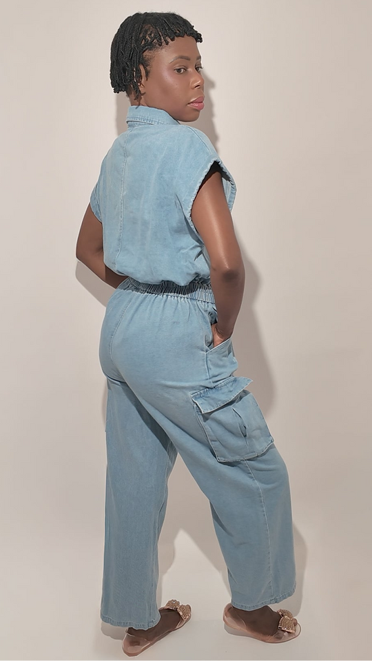 100% Cotton Denim Jumpsuit with Cinched Waist and Pockets