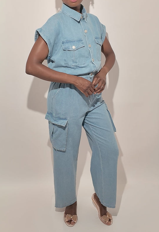 100% Cotton Denim Jumpsuit with Cinched Waist and Pockets