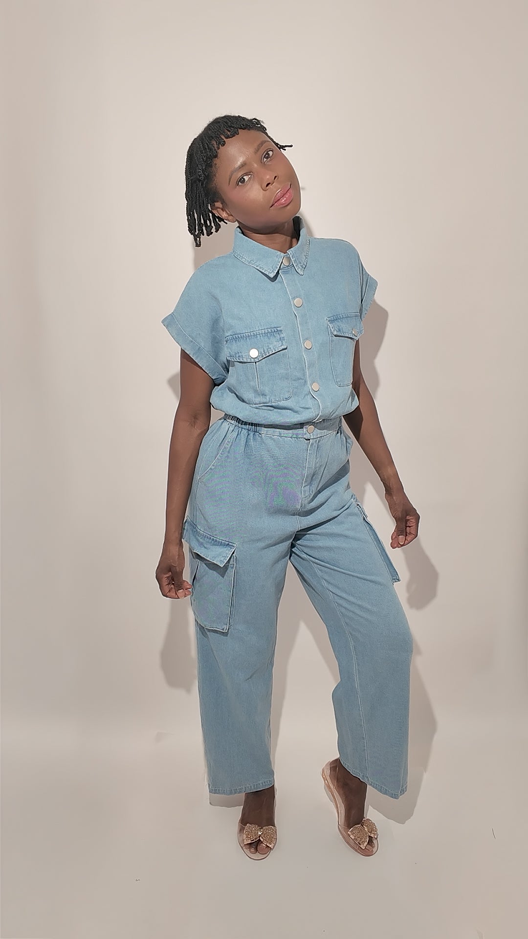 100% Cotton Denim Jumpsuit with Cinched Waist and Pockets