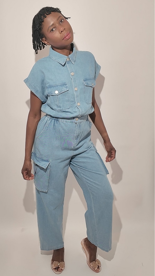 100% Cotton Denim Jumpsuit with Cinched Waist and Pockets
