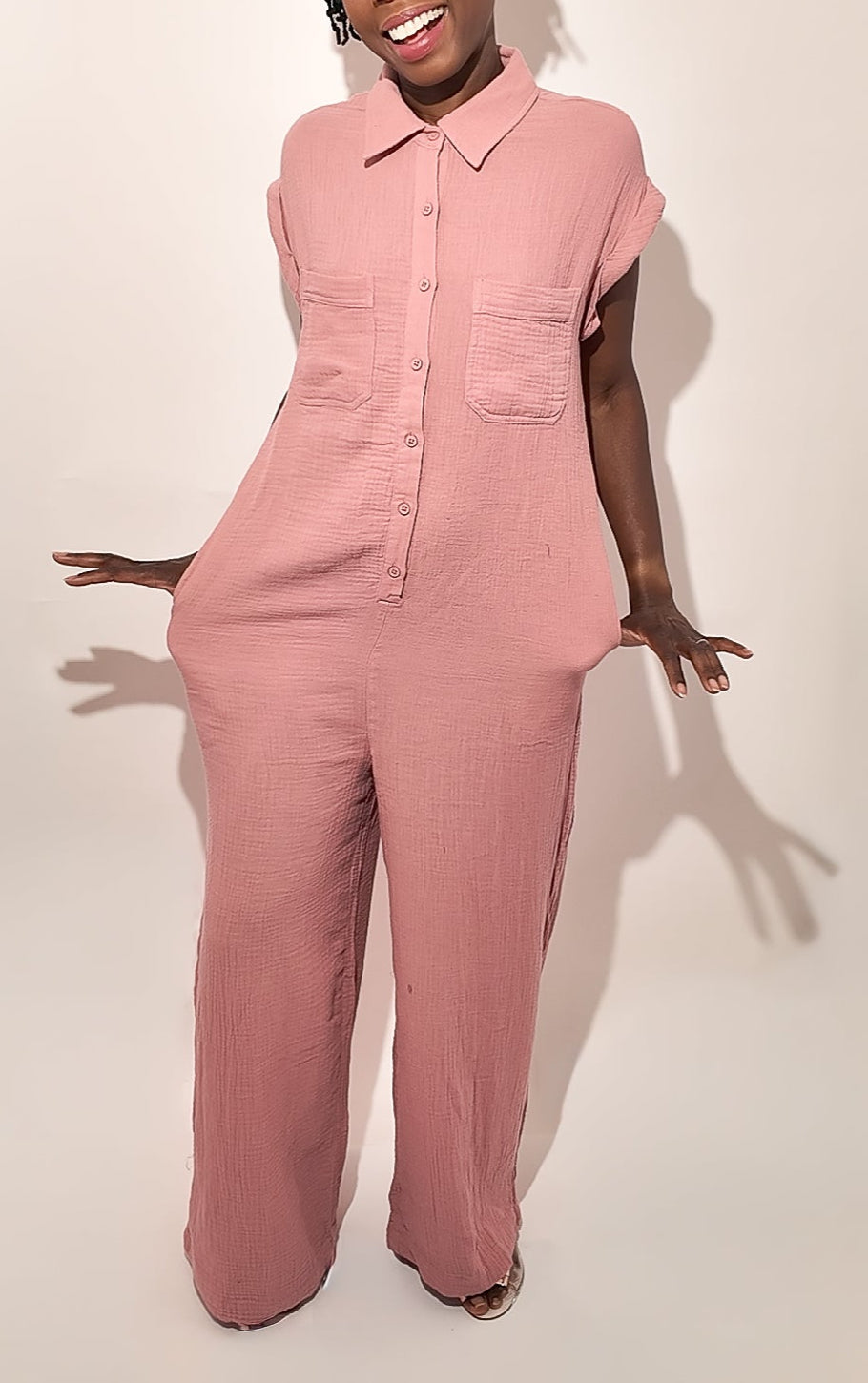 100% Cotton Relaxed Fit Jumpsuit – Button-Up Collared One-Piece in Dusty Rose