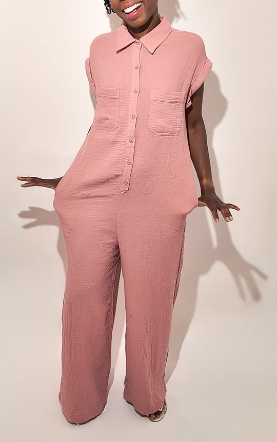 100% Cotton Relaxed Fit Jumpsuit – Button-Up Collared One-Piece in Dusty Rose