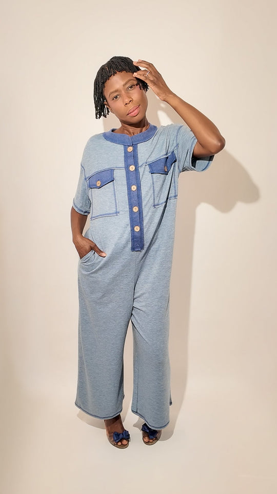 Button-Front Short Sleeve Wide-Leg Jumpsuit with Pockets