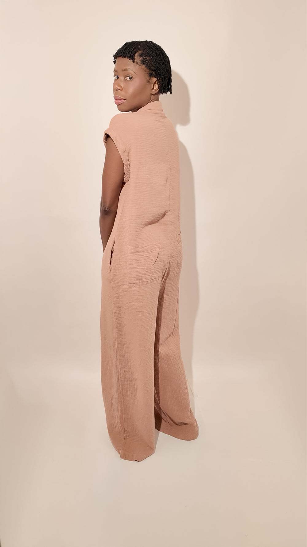 100% Cotton Relaxed Fit Jumpsuit – Button-Up Collared One-Piece in Sand