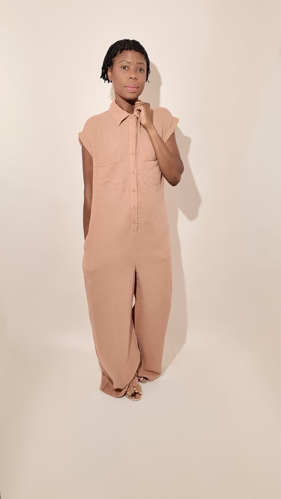 100% Cotton Relaxed Fit Jumpsuit – Button-Up Collared One-Piece in Sand
