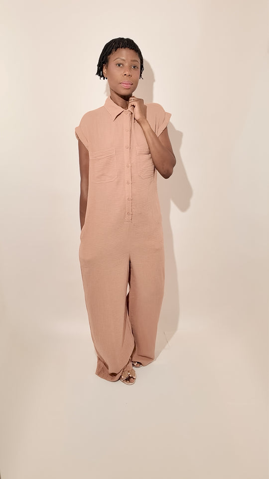 100% Cotton Relaxed Fit Jumpsuit – Button-Up Collared One-Piece in Sand