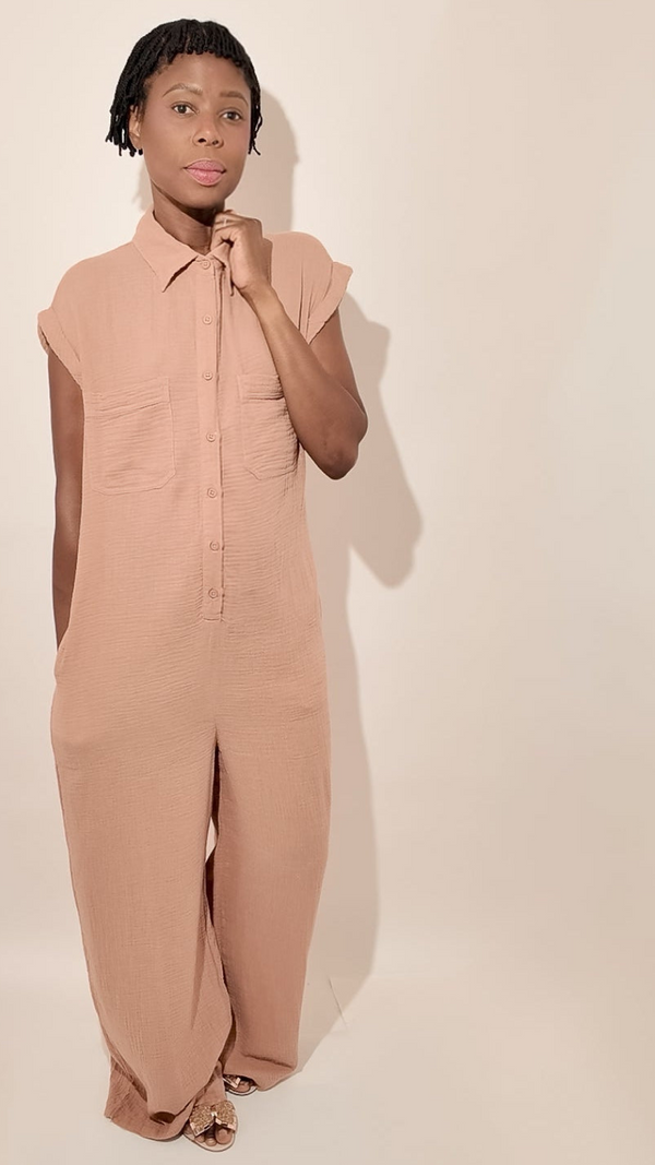 100% Cotton Relaxed Fit Jumpsuit – Button-Up Collared One-Piece