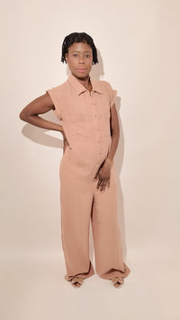 100% Cotton Relaxed Fit Jumpsuit – Button-Up Collared One-Piece in Sand