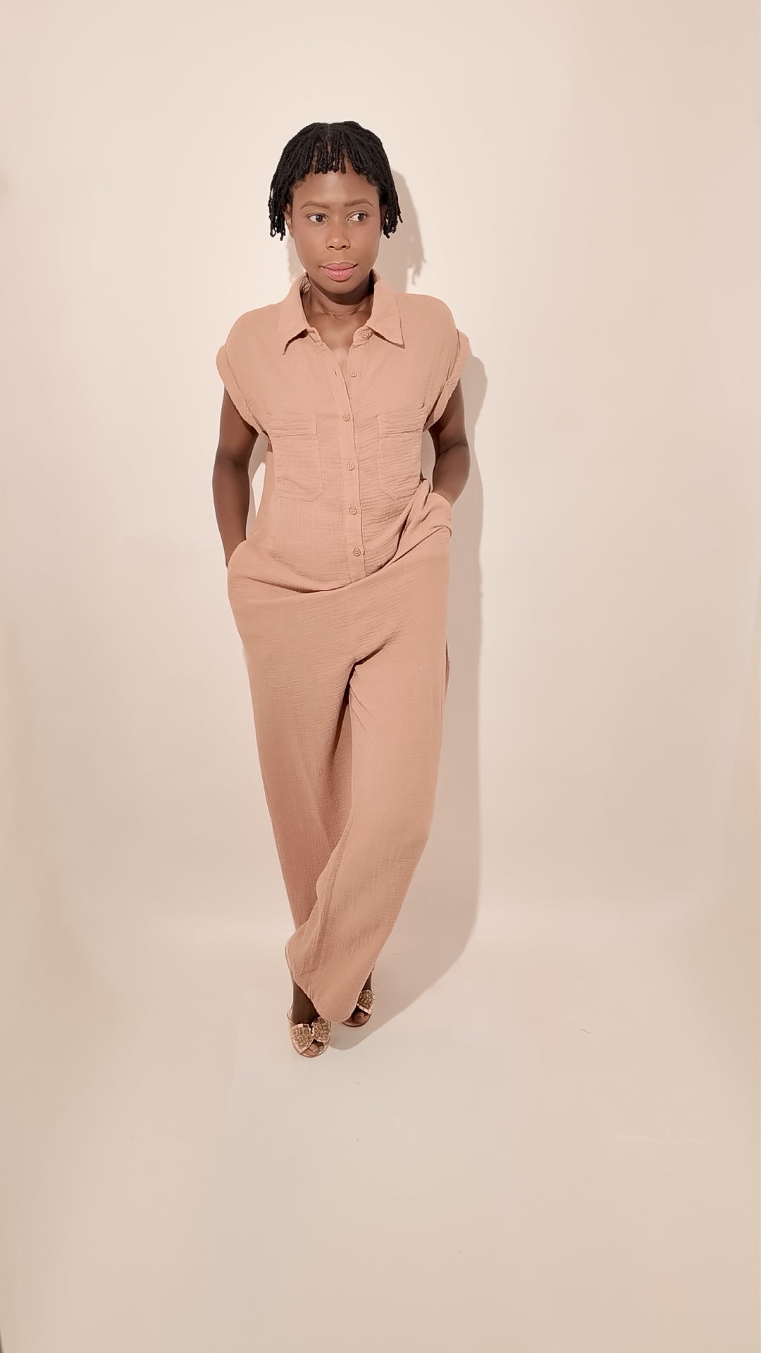100% Cotton Relaxed Fit Jumpsuit – Button-Up Collared One-Piece in Sand