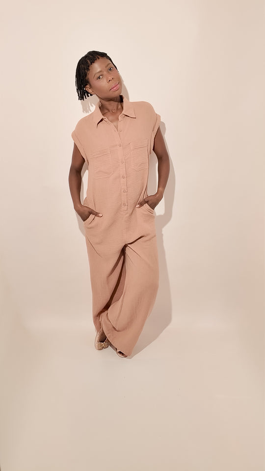 100% Cotton Relaxed Fit Jumpsuit – Button-Up Collared One-Piece in Sand