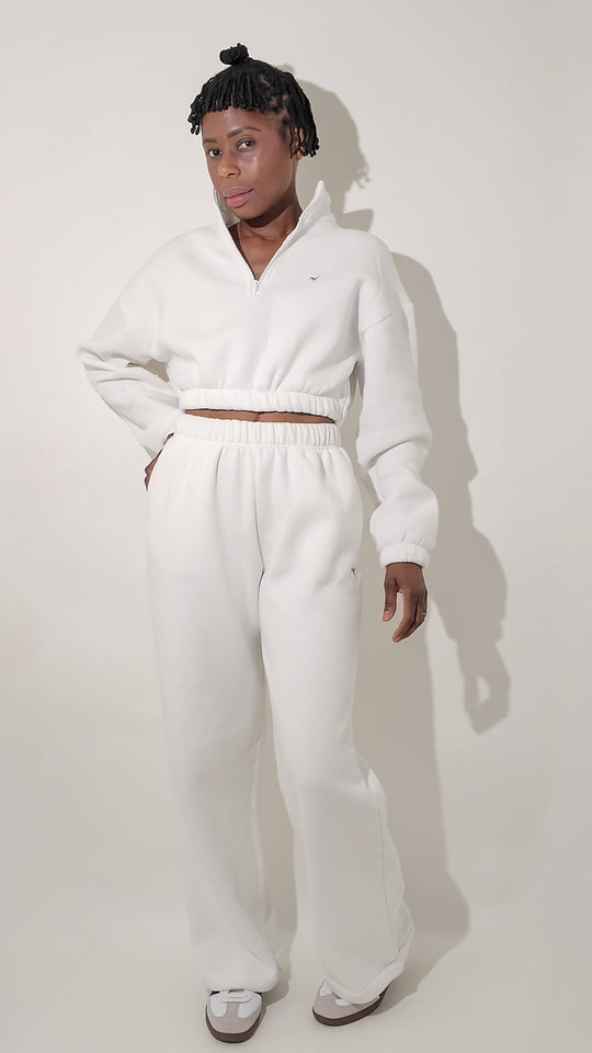 Soft Cotton Blend Wide Leg Sweat Pants - White