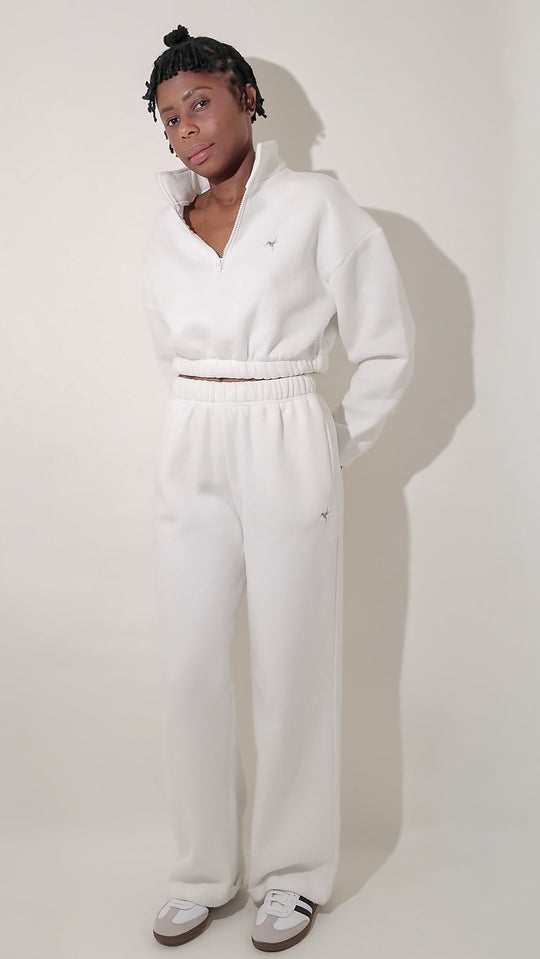 Soft Cotton Blend Wide Leg Sweat Pants - White