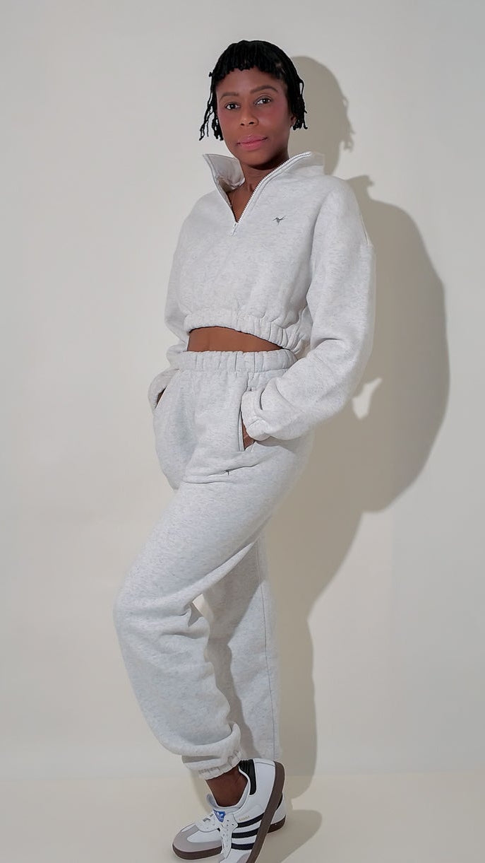 Soft Cotton Blend High Waist Jogger Sweat Pants - Light Gray