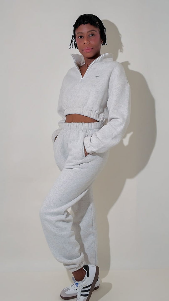 Soft Cotton Blend High Waist Jogger Sweat Pants - Light Gray