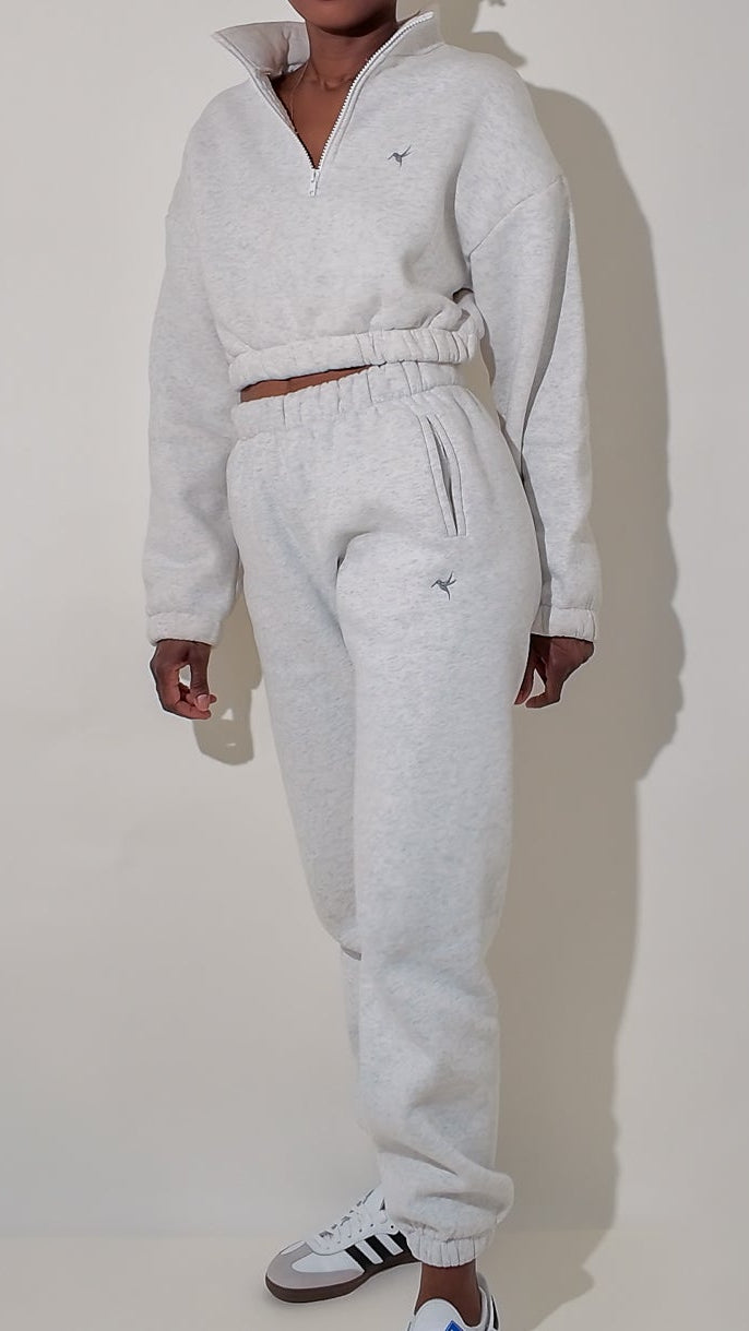 Soft Cotton Blend High Waist Jogger Sweat Pants - Light Gray