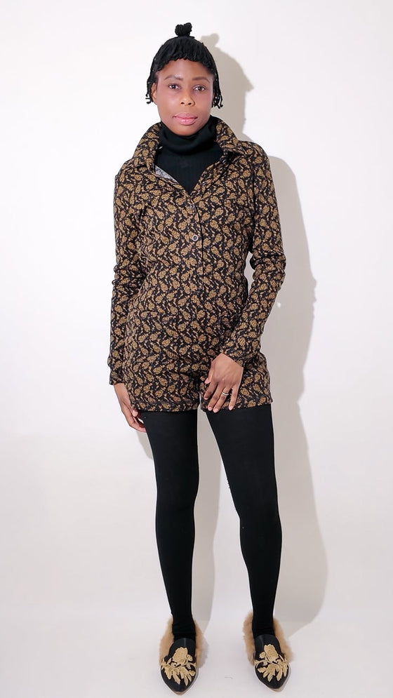 Floral Print Long Sleeve Romper – Soft Ribbed Henley in Black