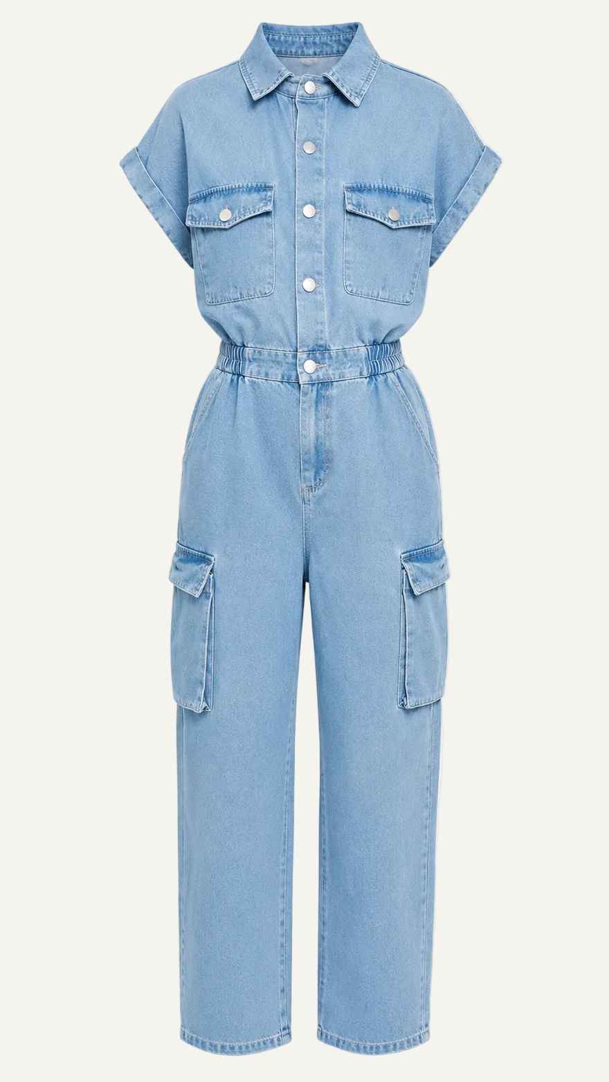 100% Cotton Denim Jumpsuit with Cinched Waist and Pockets