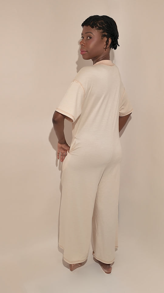 Button-Front Short Sleeve Wide-Leg Jumpsuit with Pockets